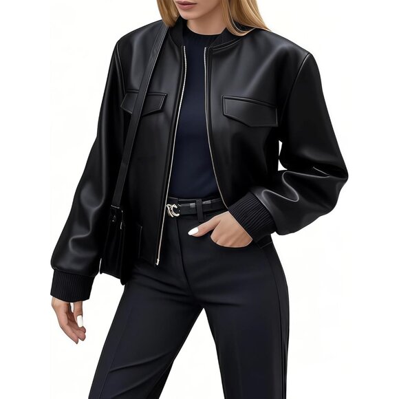 〽️Women's Black Faux Leather Cropped Bomber Cute Short Casual Travel Jacket